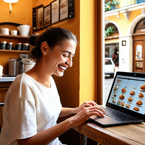 Home 19 **
A person joyfully working on a laptop in a cozy, sunlit Italian cafe. The focus is on their happy expression and the vibrant atmosphere, conveying the feeling of passion and fulfillment in their work. Include Italian coffee and pastries in the background.
**