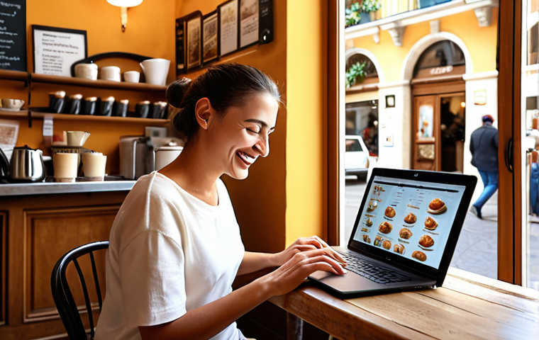**
A person joyfully working on a laptop in a cozy, sunlit Italian cafe. The focus is on their happy expression and the vibrant atmosphere, conveying the feeling of passion and fulfillment in their work. Include Italian coffee and pastries in the background.
**