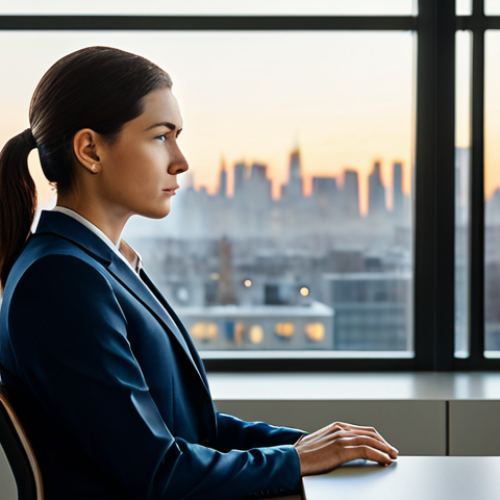 Home 17 A focused professional individual, gender-neutral, wearing a modest business suit, is seated at a clean, minimalist desk in a modern office. The individual is looking contemplatively out a large window that offers a serene view of a cityscape at dawn, deep in thought. The lighting is soft and natural, creating a calm and inspiring atmosphere. perfect anatomy, correct proportions, natural pose, well-formed hands, proper finger count. safe for work, appropriate content, fully clothed, professional, high quality professional photography.