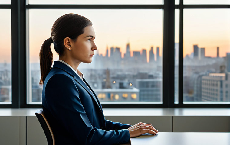 A focused professional individual, gender-neutral, wearing a modest business suit, is seated at a clean, minimalist desk in a modern office. The individual is looking contemplatively out a large window that offers a serene view of a cityscape at dawn, deep in thought. The lighting is soft and natural, creating a calm and inspiring atmosphere. perfect anatomy, correct proportions, natural pose, well-formed hands, proper finger count. safe for work, appropriate content, fully clothed, professional, high quality professional photography.