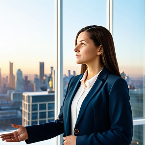 Home 8 A focused female professional in a modest, elegant business suit, fully clothed, professional dress. She stands confidently in a bright, spacious modern office with large windows overlooking a serene city skyline at dawn. Soft, warm light from the windows illuminates her, symbolizing inner guidance and purpose. A subtle, abstract glowing compass design is integrated into the background wall, reinforcing the theme of direction. Professional photography, perfect anatomy, correct proportions, natural pose, well-formed hands, proper finger count, natural body proportions, high quality, safe for work, appropriate content, modest, family-friendly.