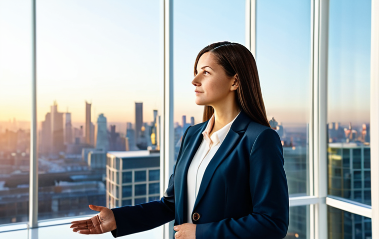 A focused female professional in a modest, elegant business suit, fully clothed, professional dress. She stands confidently in a bright, spacious modern office with large windows overlooking a serene city skyline at dawn. Soft, warm light from the windows illuminates her, symbolizing inner guidance and purpose. A subtle, abstract glowing compass design is integrated into the background wall, reinforcing the theme of direction. Professional photography, perfect anatomy, correct proportions, natural pose, well-formed hands, proper finger count, natural body proportions, high quality, safe for work, appropriate content, modest, family-friendly.